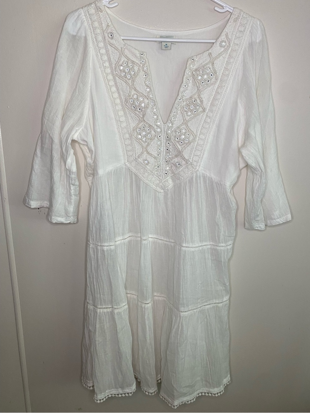 Sundance White Beaded and Lace Neckline Flowy Midi Dress with Sleeves Size Med